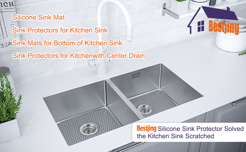 Bestjing Silicone Sink Mat, 13.58''x 11.6'' Sink Protectors for Kitchen Sink with