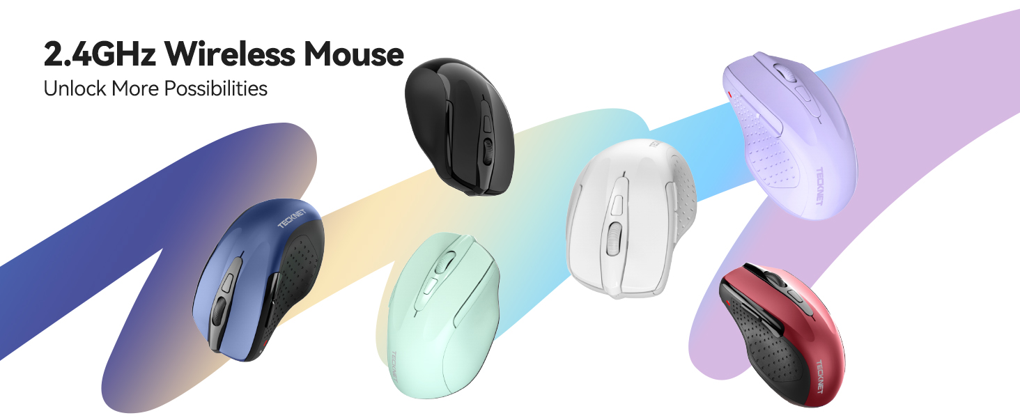 2.4GHz wireless mouse product lineup featuring five color variants: black, white, mint green, light blue, and red. Ergonomic designs with smooth curves and multiple buttons visible.