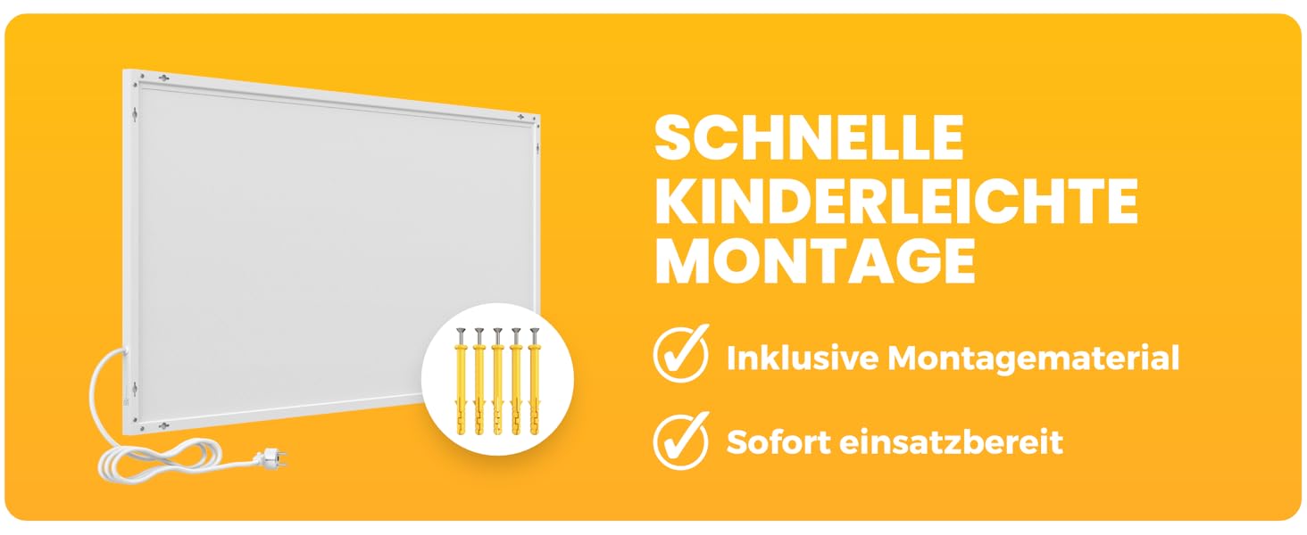 Weiße rechteckige Heizplatte mit Montageteilen. Der Text hebt die schnelle und einfache Installation hervor, enthält Befestigungsmaterial und ist sofort einsatzbereit.