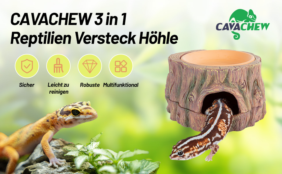 CAVACHEW Produkt aus Reptilienleder, das einen Unterschlupf im Baumstumpff-Stil mit Echsengrafiken zeigt und mit 4 Symbolen
