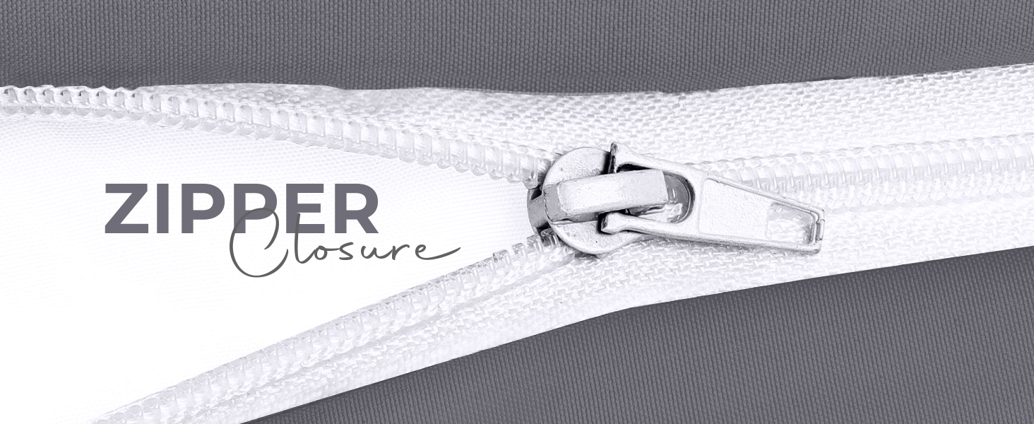 Close-up of a white zipper closure against a gray background. The zipper pull is visible, and text reading 'ZIPPER closure' is displayed alongside.