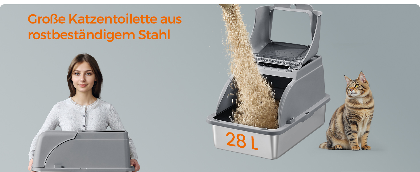 Große graue Katzentoilette mit hohen Seiten und einem Design von oben. Hat ein Fassungsvermögen von 28 l und ist aus rostbeständigem Stahl gefertigt. Abgebildet mit fließendem Katzenstreu und