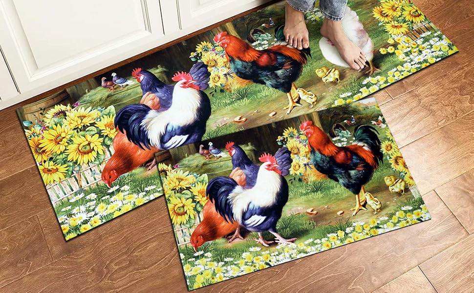 DOZARMOTA Rooster Kitchen Rug 2 Piece Set, Farmhouse