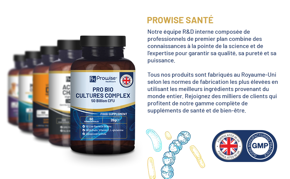 Trois flacons de suppléments noirs avec des étiquettes blanches, accompagnés d'un texte décrivant les avantages du produit et les certifications de qualité, y compris le drapeau britannique et le symbole GMP