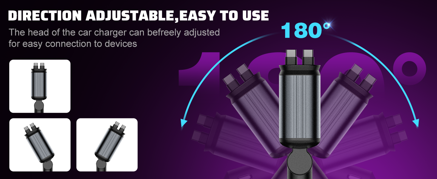 Le texte indique « DIRECTION RÉGLABLE, FACILE À UTILISER ». Schéma du produit montrant une plage de rotation de 180 degrés avec un fond dégradé violet et des illustrations de silhouette.