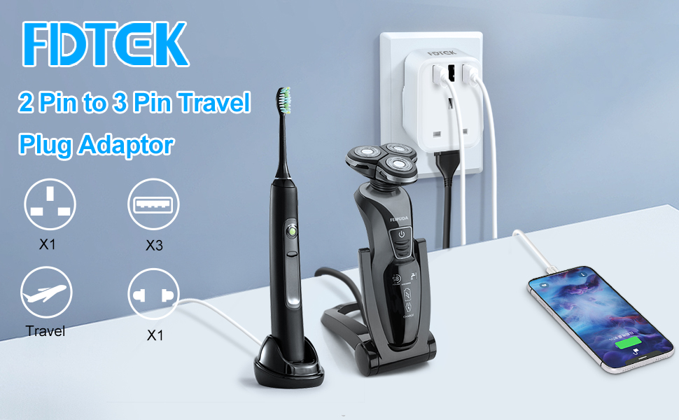 Shaver Plug Adaptor UK with 3 USB, 2 Pin to 3 Pin Socket Adapter for