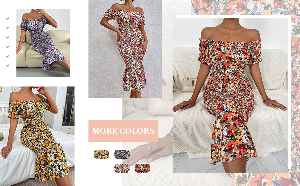 Off Shoulder Shirred Midi Dress