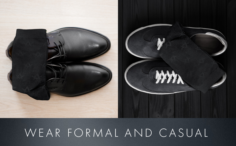 THE MASONIC COLLECTION - Black Cotton Socks - Breathable Material - Discreet Square and Compass Design – in 6-9 & 9-11 - A Perfect Masonic Gift Accessory For Freemason Men 20 image highlighting these masonic socks usage with casual shoes and also formal shoes