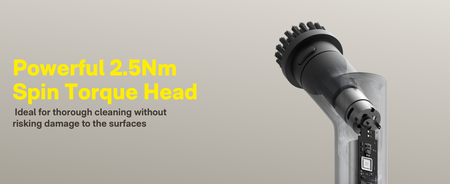 Black cylindrical cleaning head attachment with rotating bristles, featuring 2.8Nm spin torque technology for gentle yet thorough surface cleaning.