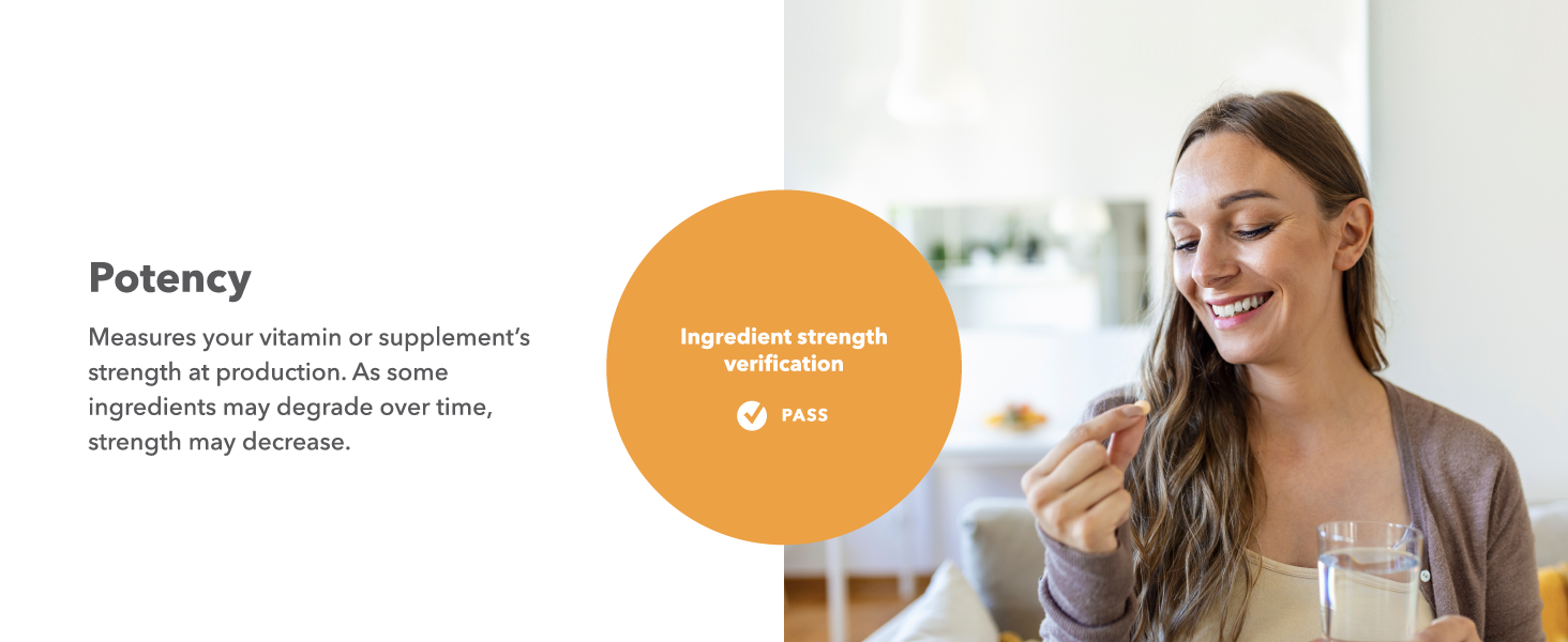 Potency measures your vitamin or supplement's strength at production