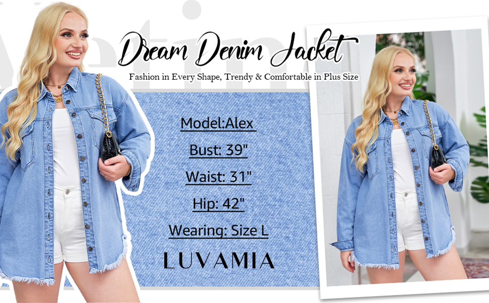 luvamia Denim Jacket for Women Button Up Frayed Hem Shacket Long Sleeve