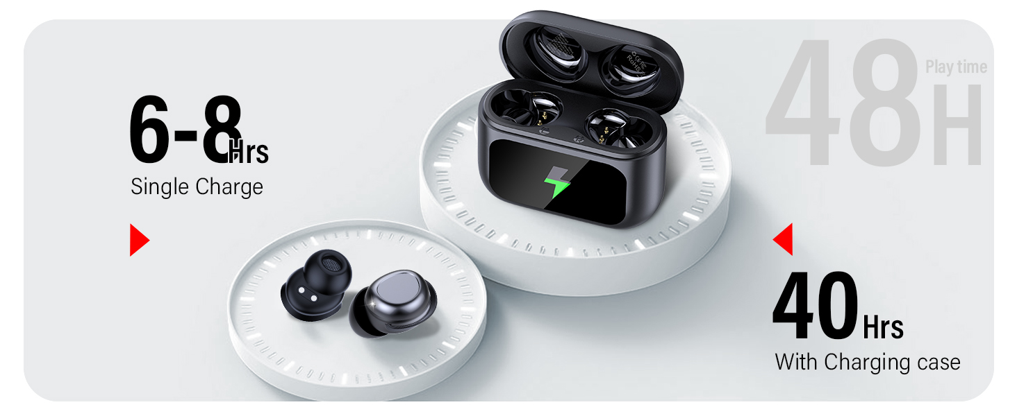 Text reads '48H', '6-8', '40hrs', 'Single Charge', 'WiFi-Charging case'. Product shots of wireless earbuds with charging case showing battery life specifications.