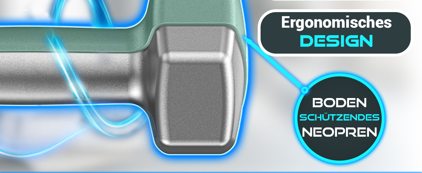 Der Text lautet „Ergonomisches DESIGN“ und „BODEN AUS NEOPREN“. Technisches Produktdiagramm mit Designelementen mit blauer Markierung.