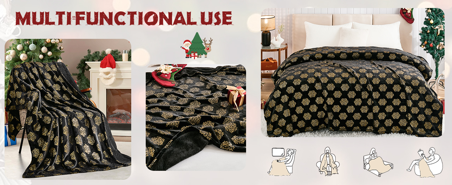 Text reads 'MULTI FUNCTIONAL USE'. Camouflage pattern blanket shown in multiple configurations - as throw blanket, folded, and on bed. Features army green and black pattern.