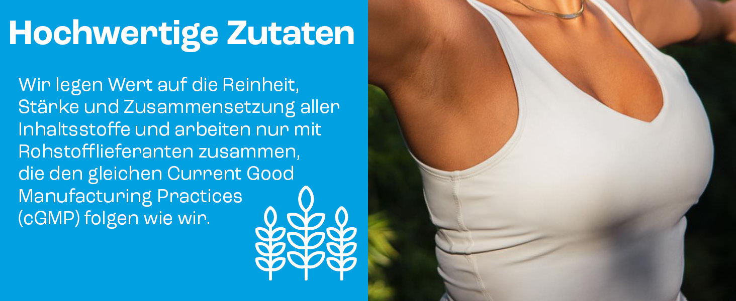 Frau steht rechts im Garten und macht Yoga daneben links roter Hintergrund für deine Sicherheit