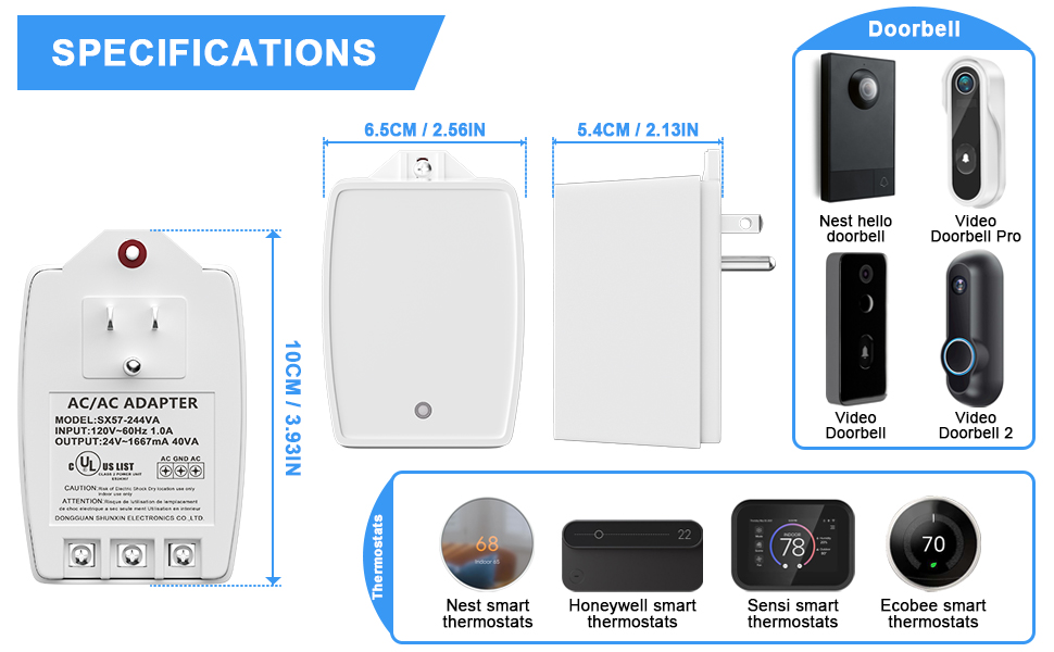 24VAC 40 VA Doorbell Transformer/Thermostat Transformer, AC Plug in