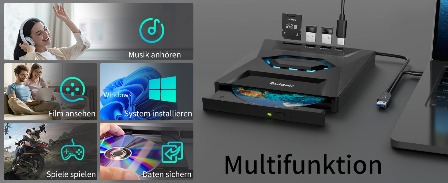SUIDEK Externes CD DVD Laufwerk für Laptop, USBC CD Player, tragbarer