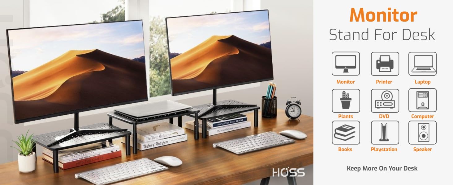 HOSS® Monitor Stand For Desk Three Level Height Adjustable with Cable