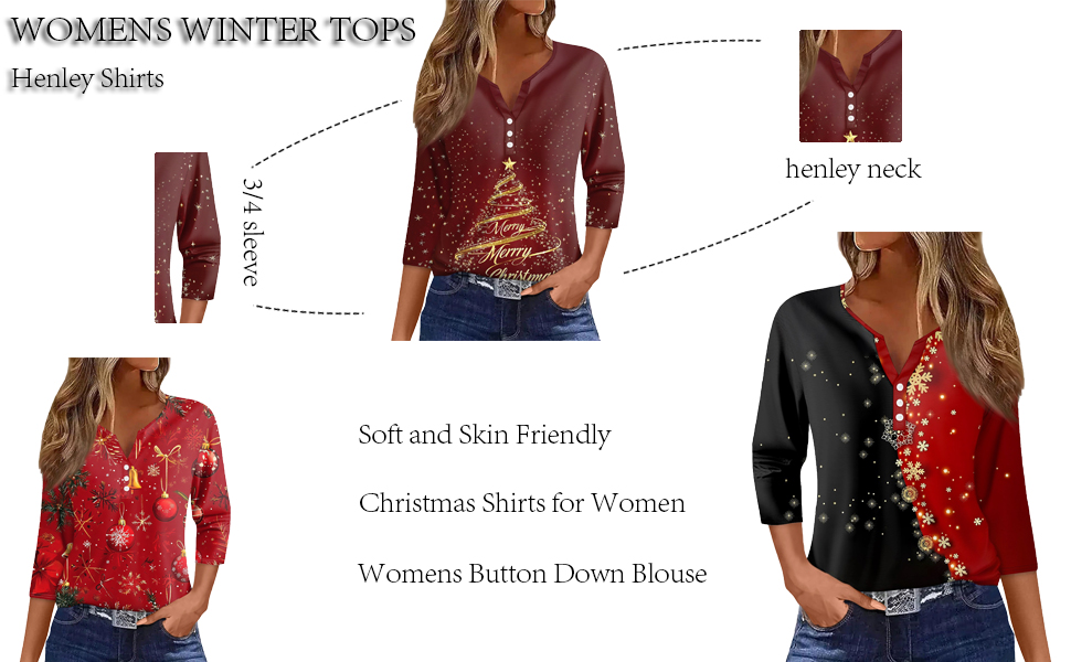 Christmas Shirts for Women Winter 3/4 Sleeve Xmas Tops henley shirt Holiday Party blouses