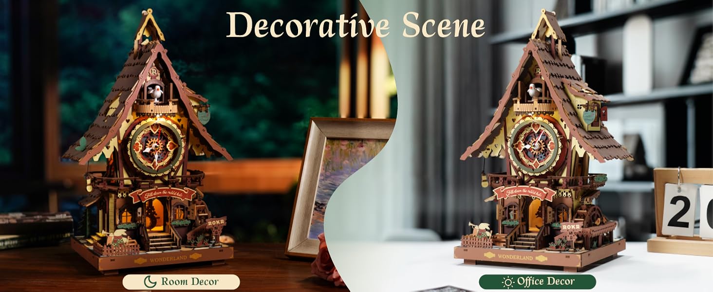 Text reads 'Decorative Scene'. Ornate wooden cuckoo clock-style decorative house with intricate carved details and dark wood finish.