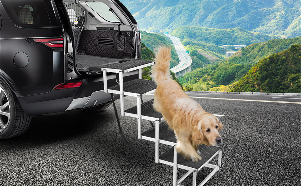 Fomey Dog Car Ramp, 5 Step Pet Stairs Foldable Dog Steps for Car SUV