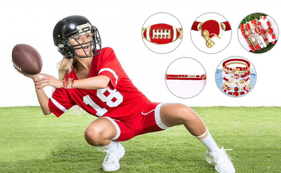 game day bracelet Football Charm Beaded Stretch Bracelet -red