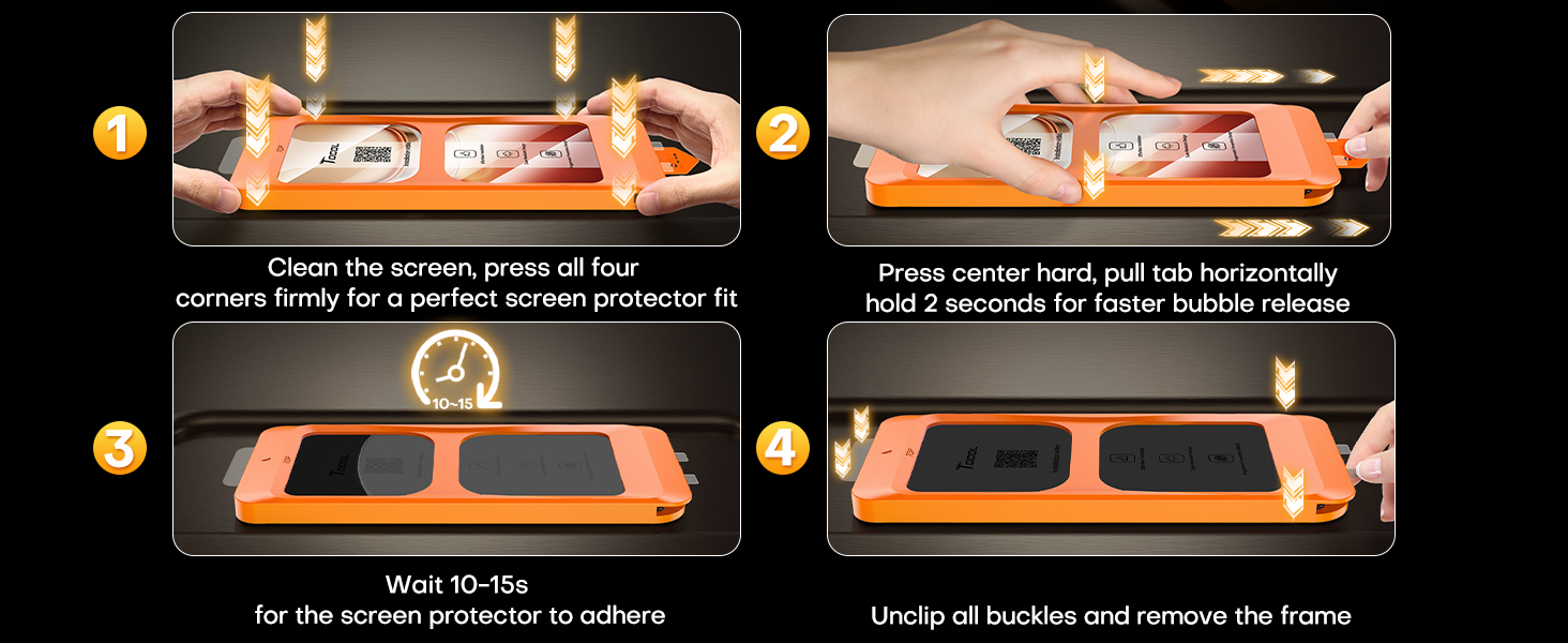 Text reads 'Installation has Never Been Easier'. Product installation guide showing multiple steps for applying a screen protector, with orange directional indicators and demonstration images.
