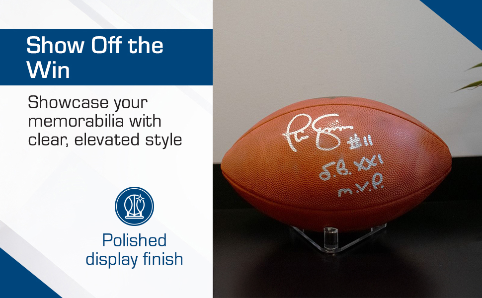 Triangular acrylic ball stand keeps basketball securely balanced.