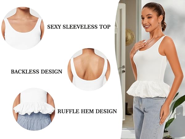 DIKGROP Babydoll Peplum Tops for Women Sleeveless Ruffle Hem