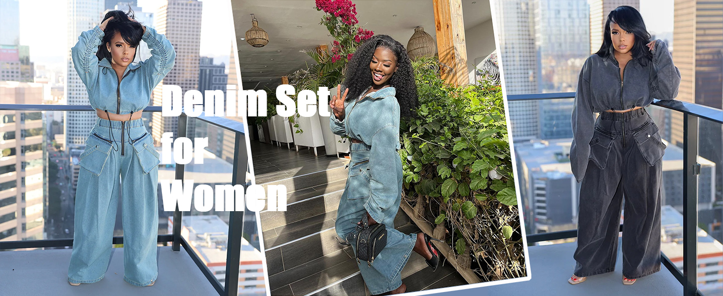 denim two piece set for women