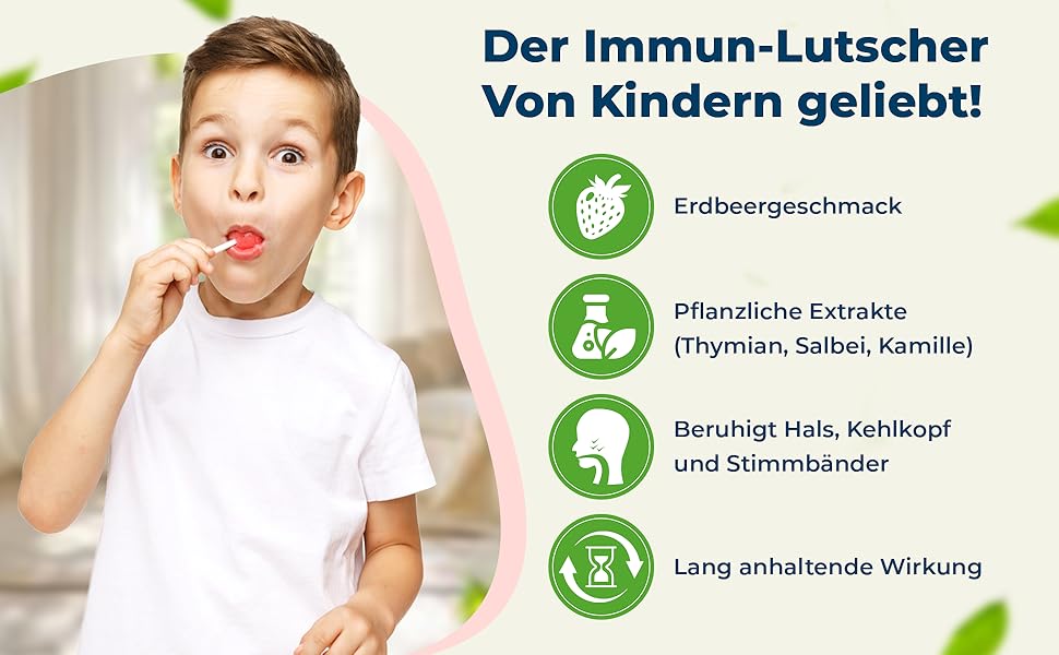 Werbung für immunstärkende Lollipops bei Kindern. Enthält Erdbeergeschmack, Pflanzenextrakte, beruhigt Hals und Stimmbänder und hat eine lang anhaltende Wirkung. Symbole veranschaulichen