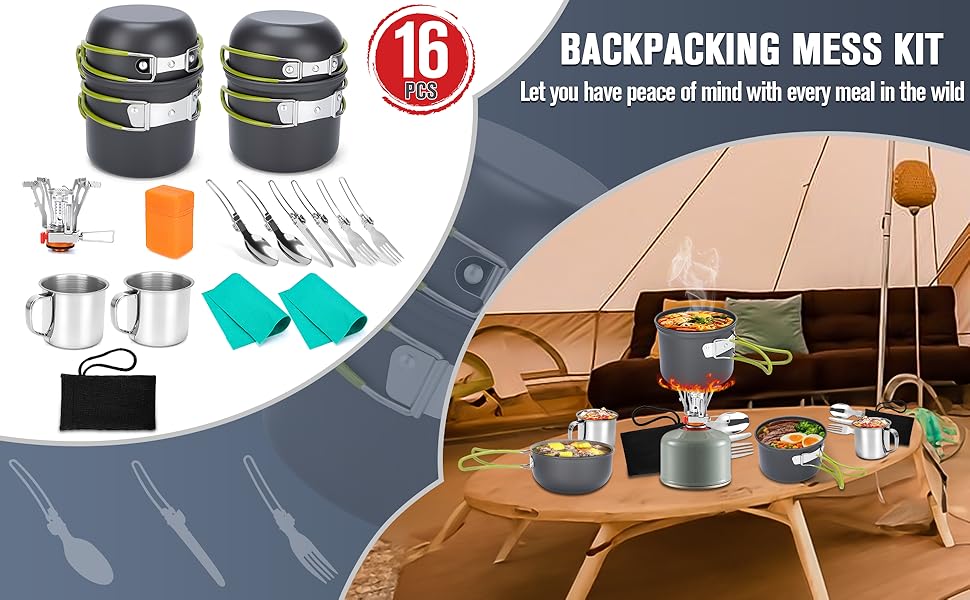 Backpacking Mess Kit with Camping Pots and Pans, 2 Cups, Fork Spoon, Survival Cooking Kit