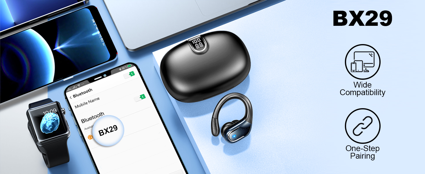Text reads 'BX29'. Series of interface screens showing dark mode mobile app layouts with circular icons and menu elements.