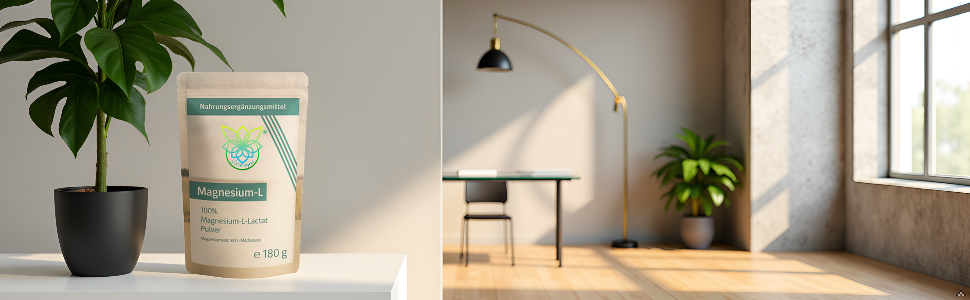 Produkttasche auf Holzschreibtisch in minimalistischer Raumgestaltung mit Topfpflanzen. Natürliches Licht durch das Fenster, moderne Schreibtischlampe im Hintergrund sichtbar.