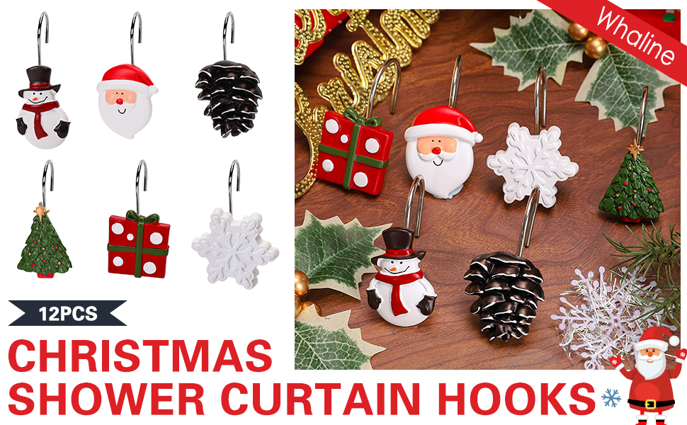 Whaline 12Pcs Christmas Shower Curtain Hooks 6 Designs Xmas