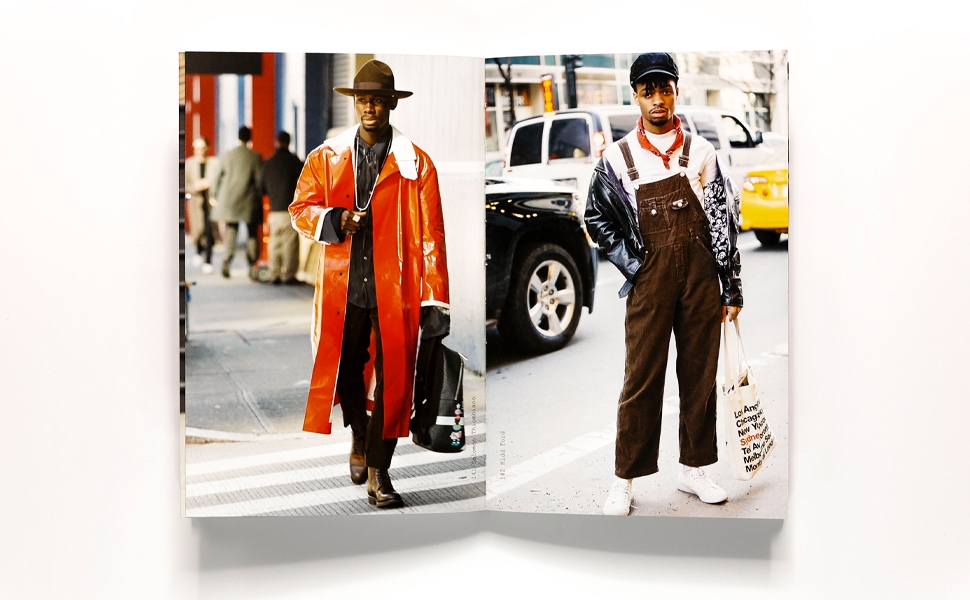 Street culture images - red leather duster, second model in brown overalls