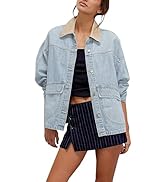 Lumister Womens Jean Jacket Oversized Button Down Side Pockets Winter Long Sleeves Contrasting De...