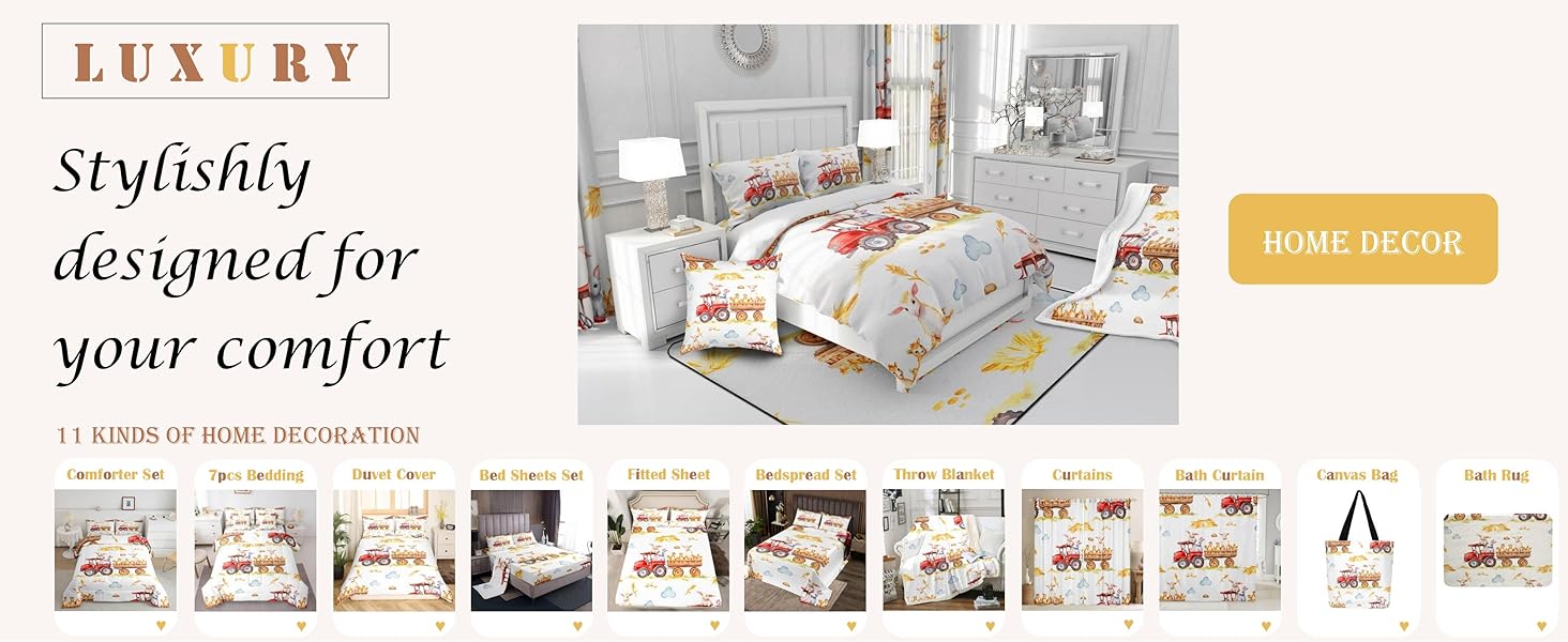 Kawaii Rabbit Sheep Bedding Comforter Sets Equipped Tractor Bed in a Bag, Watercolor Farmhouse Bed