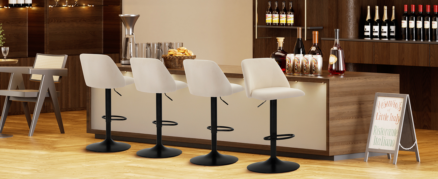 Four beige bar stools at wood bar counter