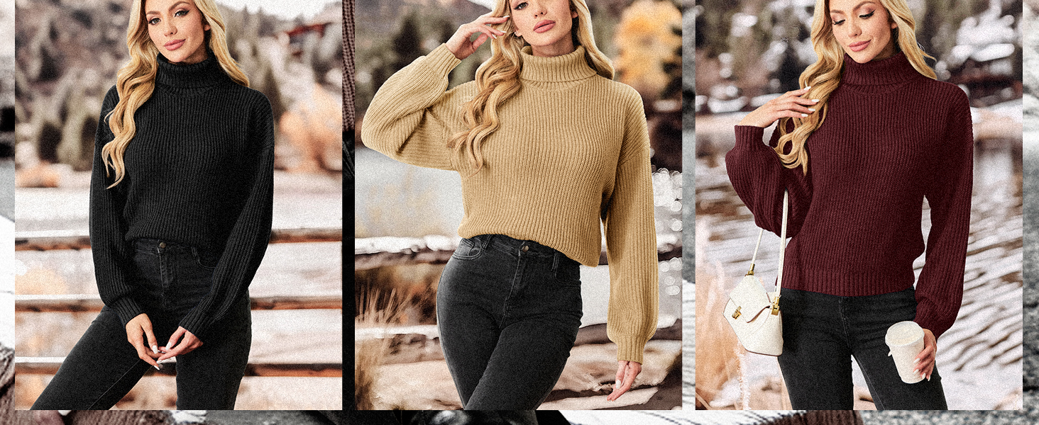 PrinStory Knitted Jumpers For Women Sweater Casual Ribbed Long Sleeve Turtleneck Warm Knitwear Soft