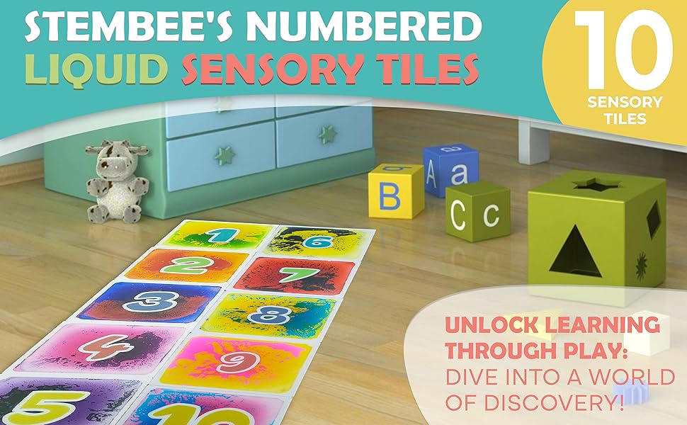 STEMBee's 10 numbered liquid sensory tiles laid out on the floor
