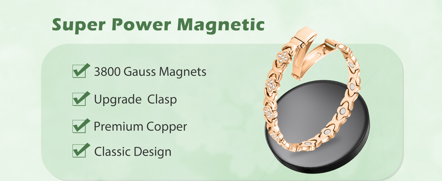 Rose gold magnetic bracelet with twisted chain design. Features 3800 Gauss magnets, upgraded clasp, and premium copper construction. Product shown on circular dark background.