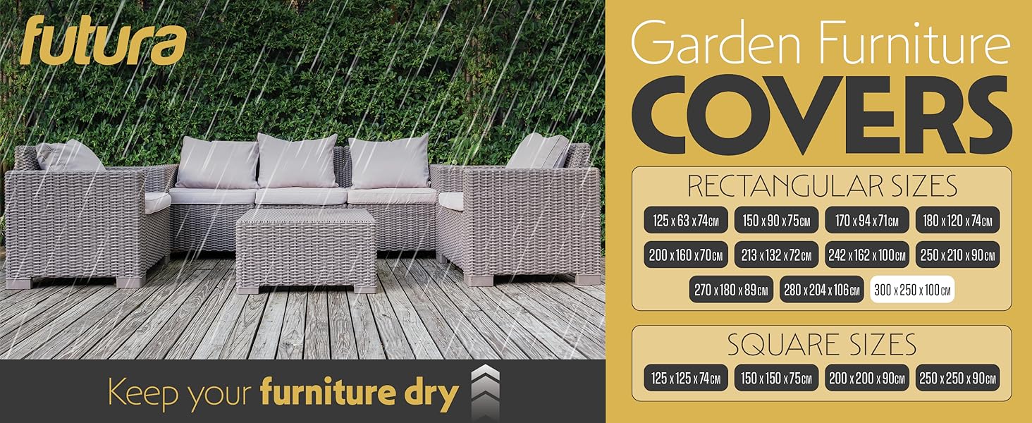Garden furniture cover sizing chart with rectangular dimensions displayed on yellow background, showing multiple size options for outdoor furniture protection.