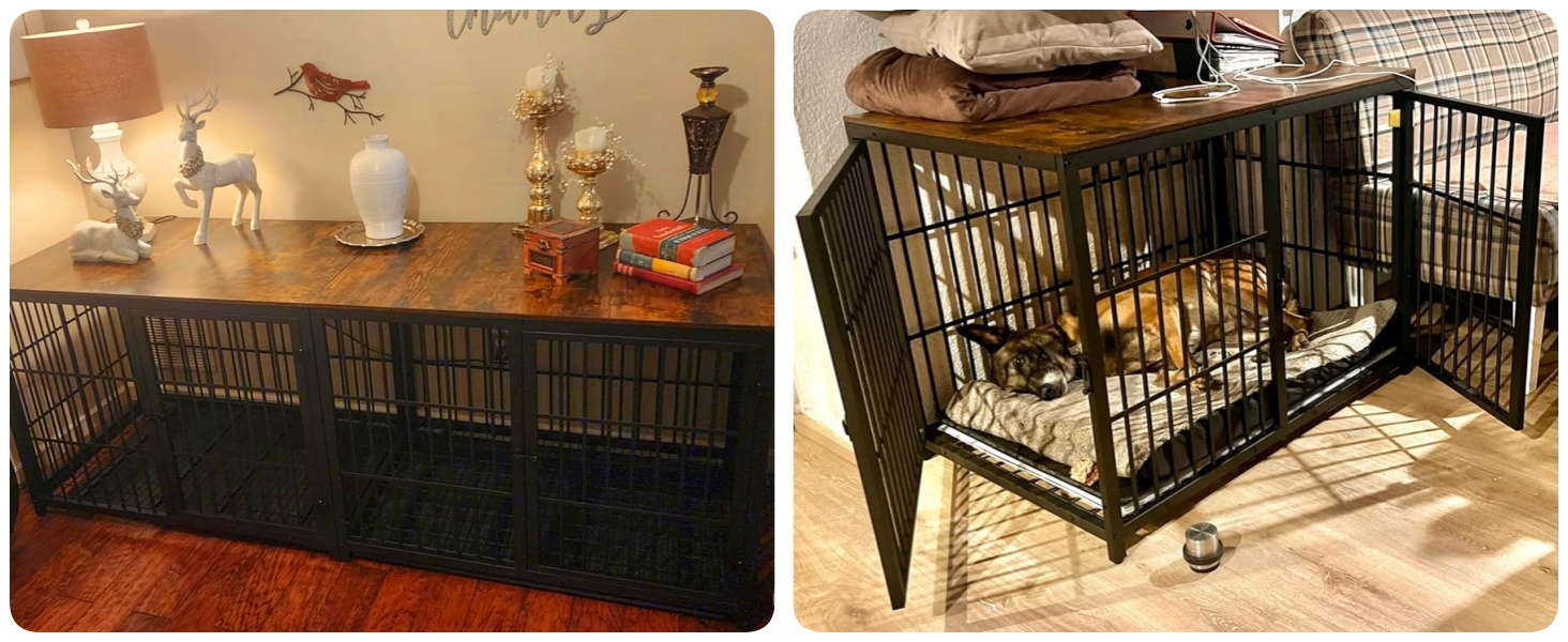 Meuble Cage Chien Bois Intérieur 2 Cages pour Chiens, Table d