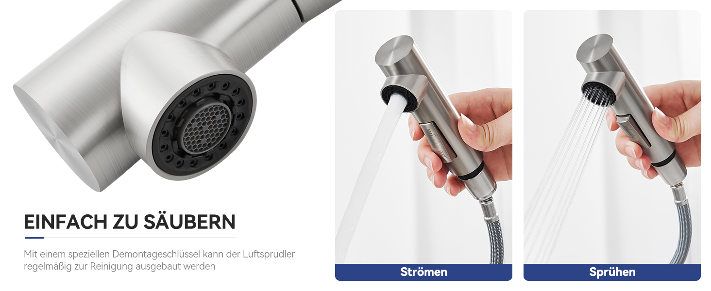 Handbrausesprühkopf mit abnehmbaren Komponenten, der die Reinigungs- und Wartungsschritte in drei Demonstrationsbildern zeigt