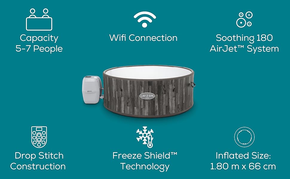LayZSpa Napa Hot Tub, 180 AirJet Grey Wood Effect Inflatable Spa with