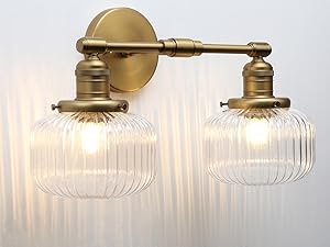 JiMuBeam Sconces Wall Lighting Double Head with Clear Ribbed Glass Lampshade for Bedroom Bathroom