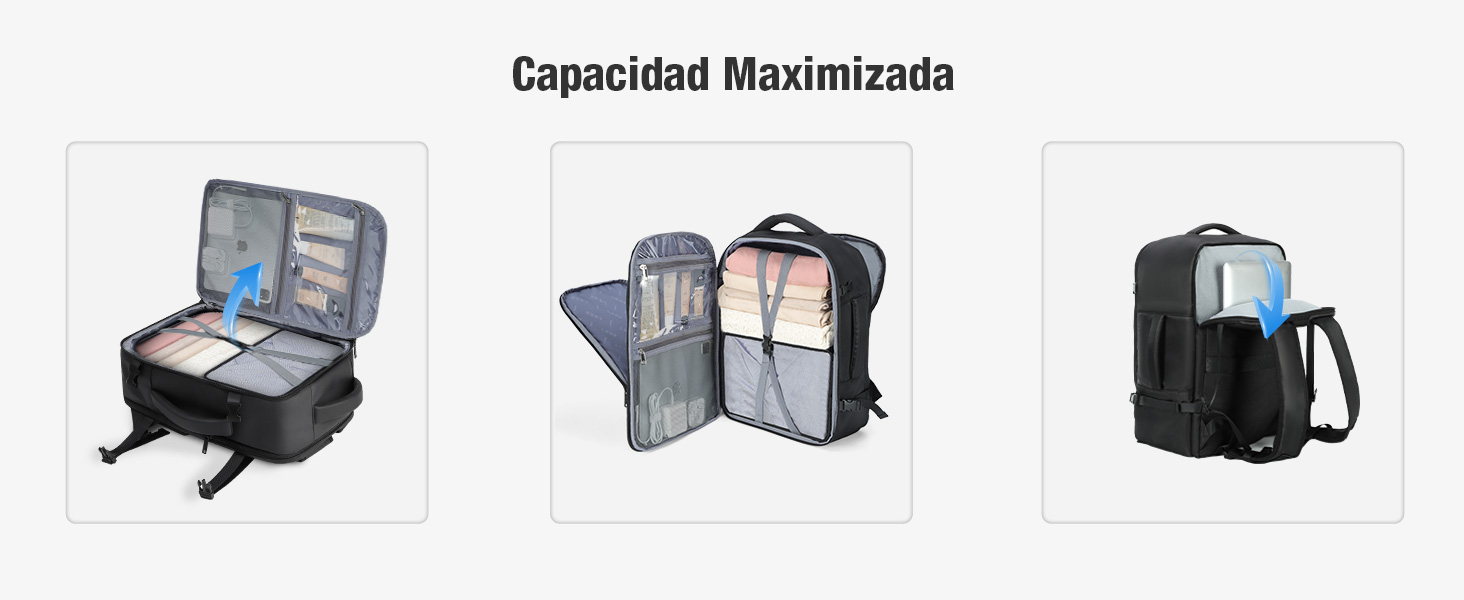 Tres vistas de una mochila de viaje negra que muestra los compartimentos internos y las funciones de organización con el texto «Capacidad Maximizada» en la parte superior.
