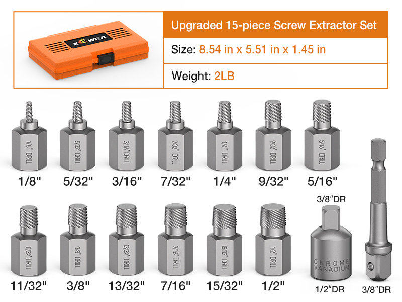 XEWEA Upgrade 15 Piece Screw Extractor Set, 3/8" Inch Impact Easy Out Stripped Screw Bolt