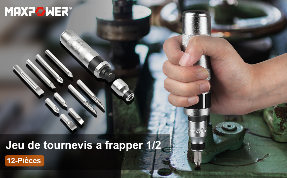 Tournevis A Frapper Professionnel 12 Pièces Tournevis à Frapper Avec Embouts Carrés Conducteurs 1/2 10 11